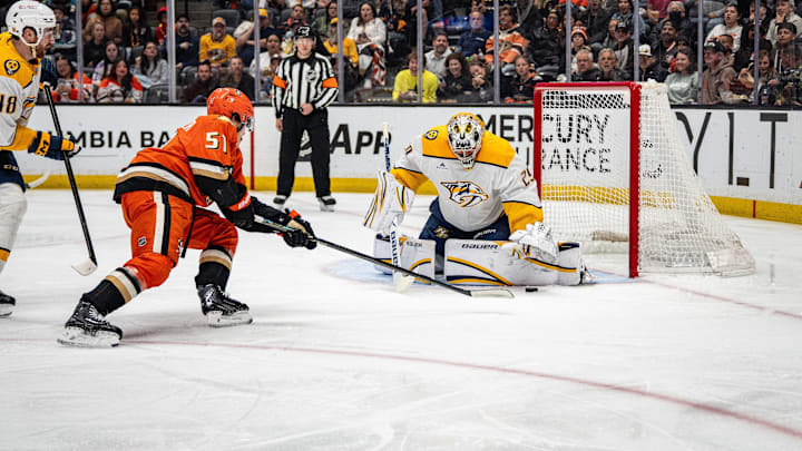 Apr 4, 2026; Anaheim, California, USA; Nashville Predators goaltender Justus Annunen (29) blocks a shot by Anaheim Ducks defenseman Olen Zellweger (51) during the second period at Honda Center. Mandatory Credit: Corinne Votaw-Imagn Images Apr 4, 2026; Anaheim, California, USA; Nashville Predators goaltender Justus Annunen (29) blocks a shot by Anaheim Ducks defenseman Olen Zellweger (51) during the second period at Honda Center. Mandatory Credit: Corinne Votaw-Imagn Images