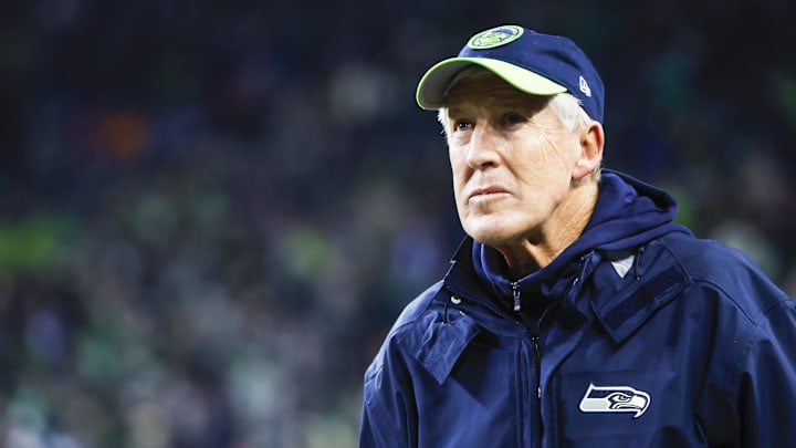 Dec 18, 2023; Seattle, Washington, USA; Seattle Seahawks head coach Pete Carroll stands on the sideline  during the third quarter against the Philadelphia Eagles at Lumen Field. Mandatory Credit: Joe Nicholson-Imagn Images