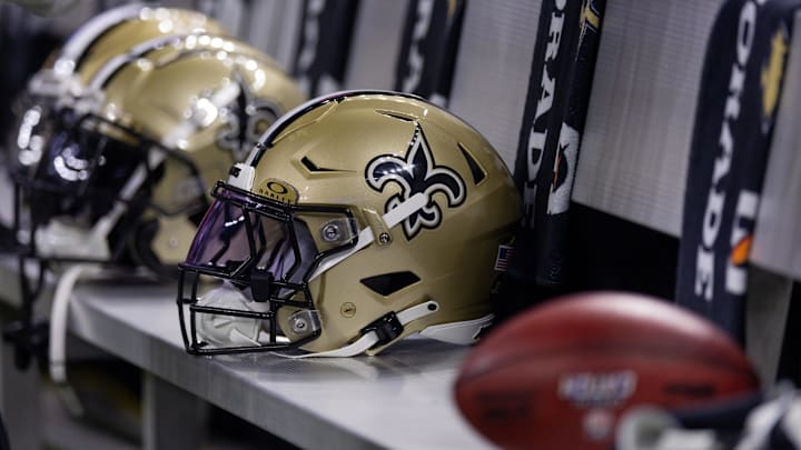 Nov 5, 2023; New Orleans, Louisiana, USA;  Detailed view of the New Orleans Saints helmets on the team bench against the Chicago Bears during the first half at the Caesars Superdome. Mandatory Credit: Stephen Lew-Imagn Images