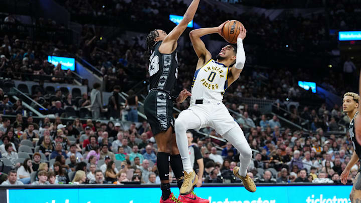 Mar 3, 2024; San Antonio, Texas, USA; Indiana Pacers guard Tyrese Haliburton (0) shoots over San