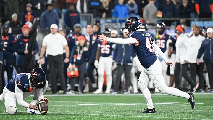 Dec 6, 2025; Charlotte, NC, USA; Virginia Cavaliers kicker Will Bettridge (41) kicks a field goal in the third quarter against the Duke Blue Devils during the 2025 ACC Championship game at Bank of America Stadium. Mandatory Credit: Bob Donnan-Imagn Images Dec 6, 2025; Charlotte, NC, USA; Virginia Cavaliers kicker Will Bettridge (41) kicks a field goal in the third quarter against the Duke Blue Devils during the 2025 ACC Championship game at Bank of America Stadium. Mandatory Credit: Bob Donnan-Imagn Images