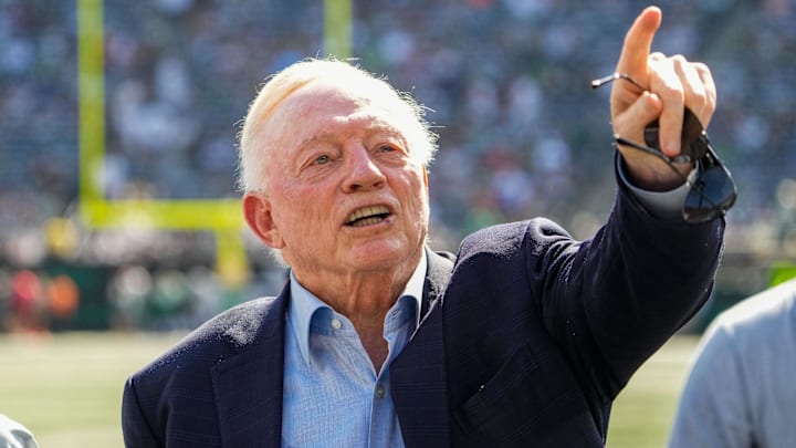 Dallas Cowboys Owner and general manager Jerry Jones stands on the field prior to a game against the New York Jets.