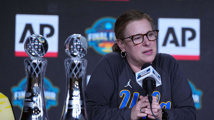 Apr 3, 2025; Tampa, FL, USA; UCLA Bruins coach Cori Close speaks after receiving the AP Coach of the Year trophy during press conference at Amalie Arena. Mandatory Credit: Kirby Lee-Imagn Images