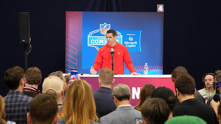  New York Giants general manager Joe Schoen speaks during the NFL Scouting Combine at the Indiana Convention Center.  