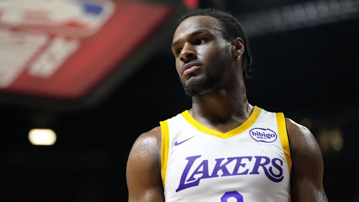 Jul 15, 2024; Las Vegas, NV, USA; Los Angeles Lakers guard Bronny James (9) competes against the Boston Celtics during the second half at Thomas & Mack Center. Mandatory Credit: Lucas Peltier-Imagn Images