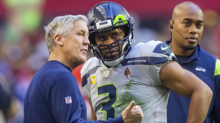 Jan 9, 2022; Glendale, Arizona, USA; Seattle Seahawks quarterback Russell Wilson (3) with head coach Pete Carroll against the Arizona Cardinals at State Farm Stadium. Mandatory Credit: Mark J. Rebilas-Imagn Images Jan 9, 2022; Glendale, Arizona, USA; Seattle Seahawks quarterback Russell Wilson (3) with head coach Pete Carroll against the Arizona Cardinals at State Farm Stadium. Mandatory Credit: Mark J. Rebilas-Imagn Images