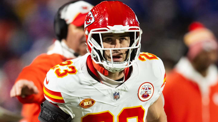 Jan 21, 2024; Orchard Park, New York, USA; Kansas City Chiefs linebacker Drue Tranquill (23) against