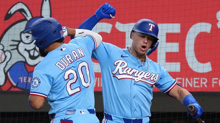 Texas Rangers center fielder Ezequiel Duran celebrates his his solo home run with designated hitter Logan O'Hoppe. Credit: Jim Cowsert-Imagn Images Texas Rangers center fielder Ezequiel Duran celebrates his his solo home run with designated hitter Logan O'Hoppe. Credit: Jim Cowsert-Imagn Images