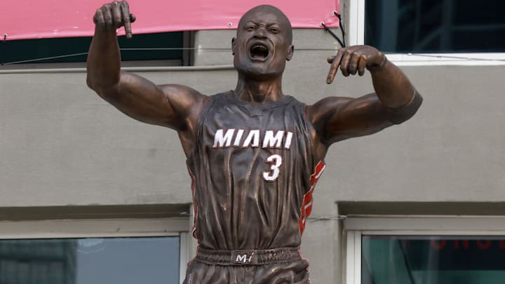 Oct 28, 2024; Miami, Florida, USA;  A general view of the new Dwyane Wade statue in front of the Kaseya Center. Mandatory Credit: Rhona Wise-Imagn Images