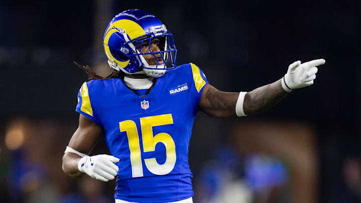 Jan 13, 2025; Glendale, AZ, USA; Los Angeles Rams wide receiver Demarcus Robinson (15) against the Minnesota Vikings during an NFC wild card game at State Farm Stadium. Mandatory Credit: Mark J. Rebilas-Imagn Images