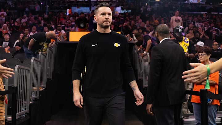 Oct 28, 2024; Phoenix, Arizona, USA; Los Angeles Lakers head coach JJ Redick against the Phoenix Suns at Footprint Center. Mandatory Credit: Mark J. Rebilas-Imagn Images
