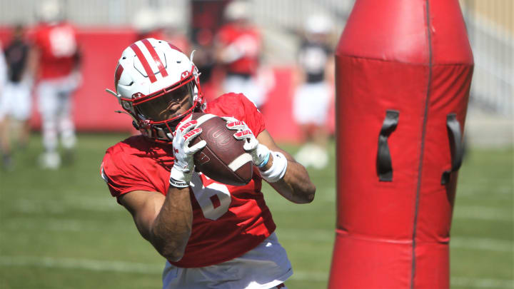Wisconsin receiver Will Pauling makes a catch during spring practice outside Camp Randall Stadium in Madison, Wisconsin on Saturday April 13, 2024.