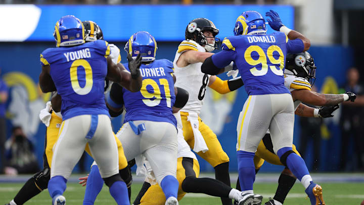 Pittsburgh Steelers v Los Angeles Rams, Kenny Pickett, Aaron Donald, Kobie Turner, Byron Young