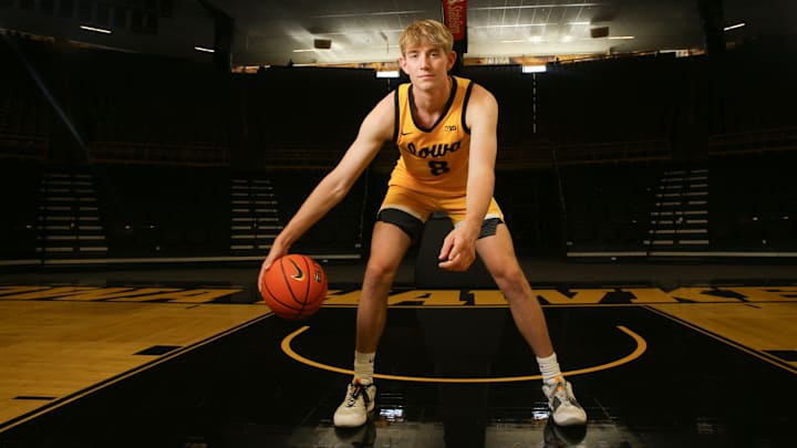 Iowa guard Cooper Koch (8) pictured during the men’s basketball media day Monday, Oct. 7, 2024 at Carver-Hawkeye Arena in Iowa City, Iowa.