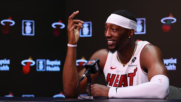 Sep 30, 2024; Miami, FL, USA; Miami Heat center Bam Adebayo (13) talks to reporters during media day at Kaseya Center Mandatory Credit: Sam Navarro-Imagn Images