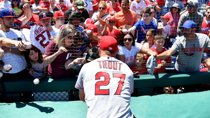 Jun 5, 2022; Philadelphia, Pennsylvania, USA; Los Angeles Angels center fielder Mike Trout (27) Jun 5, 2022; Philadelphia, Pennsylvania, USA; Los Angeles Angels center fielder Mike Trout (27)
