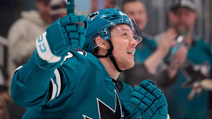Jan 10, 2026; San Jose, California, USA; San Jose Sharks left wing Jeff Skinner (53) reacts after scoring a goal against the Dallas Stars during the second period at SAP Center at San Jose. Mandatory Credit: Robert Edwards-Imagn Images Jan 10, 2026; San Jose, California, USA; San Jose Sharks left wing Jeff Skinner (53) reacts after scoring a goal against the Dallas Stars during the second period at SAP Center at San Jose. Mandatory Credit: Robert Edwards-Imagn Images