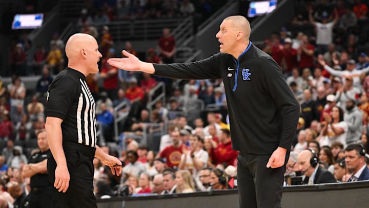 Mar 22, 2026; St. Louis, MO, USA; Kentucky Wildcats head coach Mark Pope speaks to the referee during the first half against the Iowa State Cyclones during a second round game of the men's 2026 NCAA Tournament at Enterprise Center. Mandatory Credit: Jeff Curry-Imagn Images