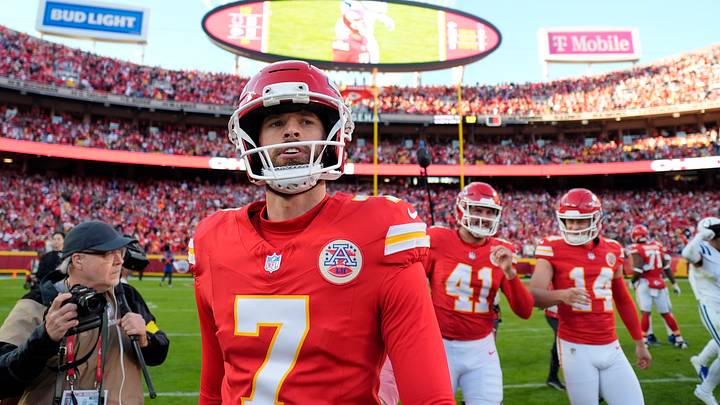 Kansas City Chiefs place kicker Harrison Butker (7) leaves the field after the game against the Indianapolis Colts at GEHA Field at Arrowhead Stadium. Kansas City Chiefs place kicker Harrison Butker (7) leaves the field after the game against the Indianapolis Colts at GEHA Field at Arrowhead Stadium.