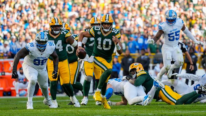 Sep 7, 2025; Green Bay, Wisconsin, USA;  Green Bay Packers quarterback Jordan Love (10) during the game against the Detroit Lions at Lambeau Field. Mandatory Credit: Jeff Hanisch-Imagn Images