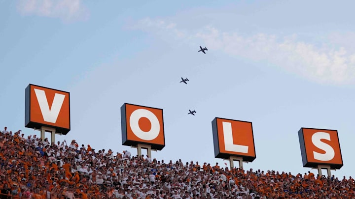 Oct 12, 2024; Knoxville, Tennessee, USA; A flyover before a game between Florida Gators and Tennessee Volunteers at Neyland Stadium. Mandatory Credit: Brianna Paciorka/USA TODAY Network via Imagn Images Oct 12, 2024; Knoxville, Tennessee, USA; A flyover before a game between Florida Gators and Tennessee Volunteers at Neyland Stadium. Mandatory Credit: Brianna Paciorka/USA TODAY Network via Imagn Images