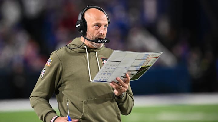 Nov 2, 2025; Orchard Park, New York, USA; Kansas City Chiefs offensive coordinator Matt Nagy looks on during the third quarter against the Buffalo Bills at Highmark Stadium. 