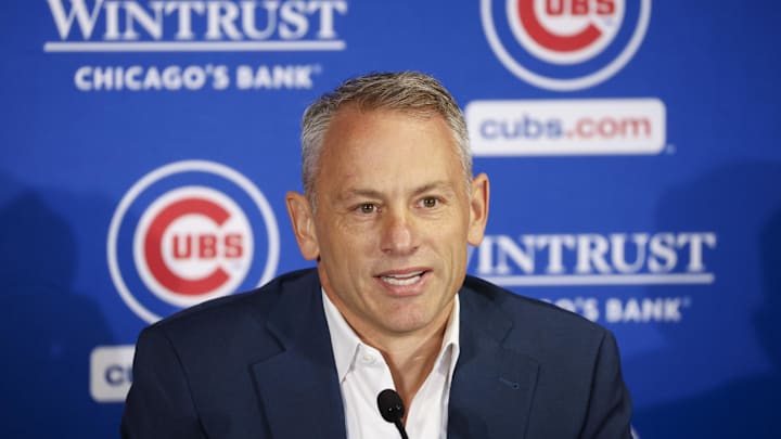 Nov 13, 2023; Chicago, Illinois, USA; Chicago Cubs president of baseball operations Jed Hoyer speaks before introducing Craig Counsell as new Cubs manager during a press conference in Chicago. Nov 13, 2023; Chicago, Illinois, USA; Chicago Cubs president of baseball operations Jed Hoyer speaks before introducing Craig Counsell as new Cubs manager during a press conference in Chicago.