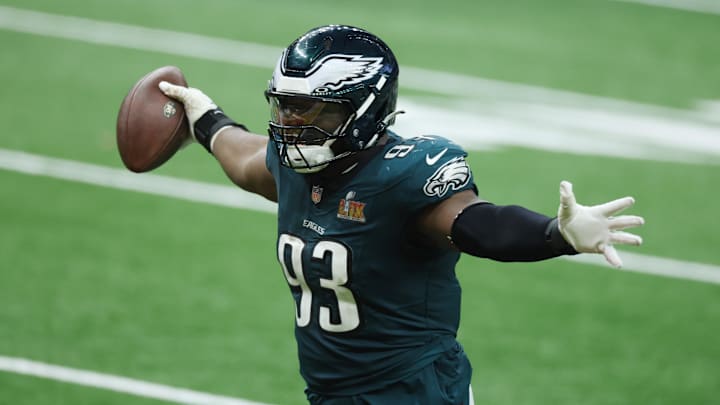 Feb 9, 2025; New Orleans, LA, USA; Philadelphia Eagles defensive tackle Milton Williams (93) celebrates a fumble recovery in the fourth quarter in Super Bowl LIX at Ceasars Superdome. Mandatory Credit: Stephen Lew-Imagn Images Feb 9, 2025; New Orleans, LA, USA; Philadelphia Eagles defensive tackle Milton Williams (93) celebrates a fumble recovery in the fourth quarter in Super Bowl LIX at Ceasars Superdome. Mandatory Credit: Stephen Lew-Imagn Images