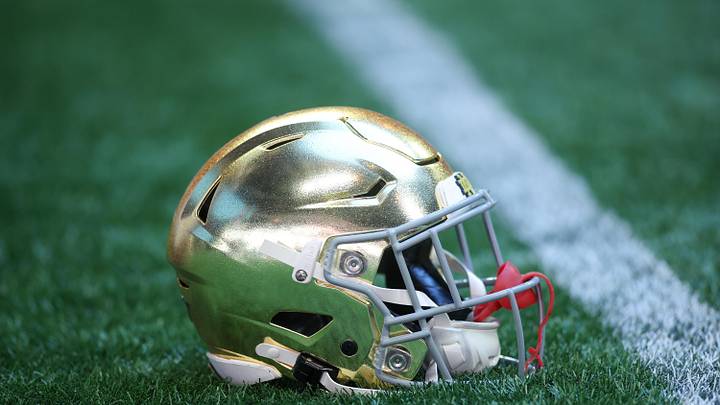 Oct 19, 2024; Atlanta, Georgia, USA; A Notre Dame Fighting Irish helmet on the field before  a game against the Georgia Tech Yellow Jackets at Mercedes-Benz Stadium. 
