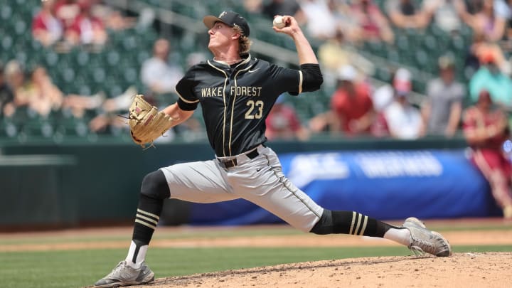 May 25, 2024; Charlotte, NC, USA; Wake Forest pitcher Josh Hartle (23) throws a pitch in the second inning against Florida State during the ACC Baseball Tournament at Truist Field. Mandatory Credit: Cory Knowlton-USA TODAY Sports
