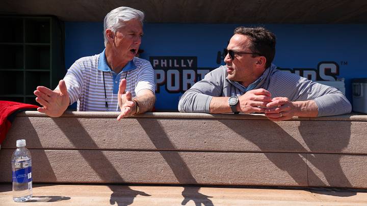 Feb 25, 2024; Clearwater, Florida, USA; Philadelphia Phillies president of baseball operations Dave Dombrowski and general manager Sam Fuld talk in the dugout before a game against the New York Yankees at BayCare Ballpark. Mandatory Credit: Nathan Ray Seebeck-USA TODAY Sports Feb 25, 2024; Clearwater, Florida, USA; Philadelphia Phillies president of baseball operations Dave Dombrowski and general manager Sam Fuld talk in the dugout before a game against the New York Yankees at BayCare Ballpark. Mandatory Credit: Nathan Ray Seebeck-USA TODAY Sports