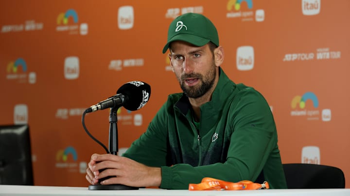 Novak Djokovic speaks to the media after his match at the Miami Open.