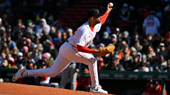 Apr 8, 2026; Boston, Massachusetts, USA; Boston Red Sox relief pitcher Tyler Samaniego (78) pitches against the Milwaukee Brewers during the eighth inning at Fenway Park. Mandatory Credit: Eric Canha-Imagn Images