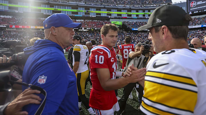 Sep 21, 2025; Foxborough, Massachusetts, USA; New England Patriots quarterback Drake Maye (10) and Pittsburgh Steelers quarterback Aaron Rodgers (8) after the game at Gillette Stadium. Mandatory Credit: Paul Rutherford-Imagn Images