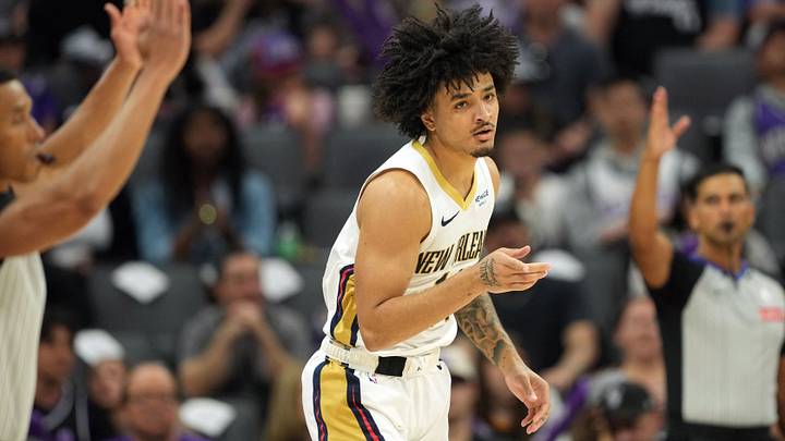 Apr 3, 2026; Sacramento, California, USA; New Orleans Pelicans guard Micah Peavy (14) gestures after making a three-point basket against the Sacramento Kings during the third quarter at Golden 1 Center. Mandatory Credit: Darren Yamashita-Imagn Images