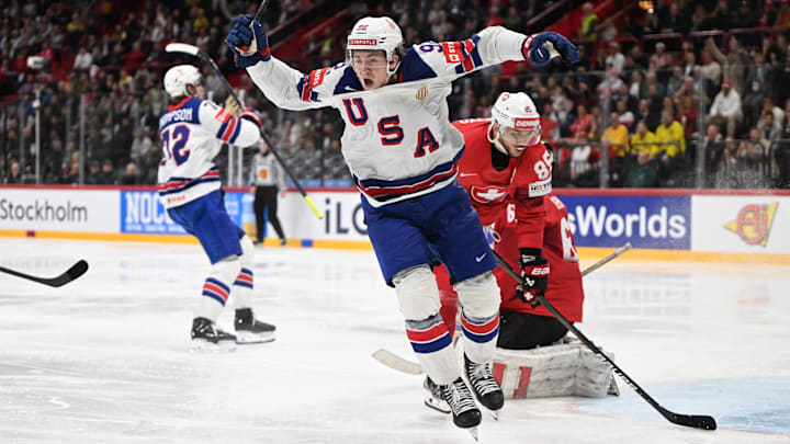 Tage Thompson scores the game-winning goal at the IIHF World Championship in Stockholm, Sweden on May 25, 2025.