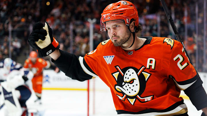 Ducks forward Mason Mctavish celebrates his eventual game-winning goal against the Columbus Blue Jackets.