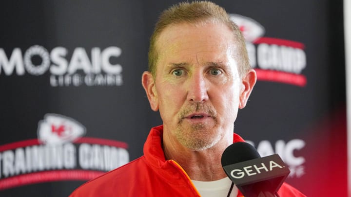 Kansas City Chiefs defensive coordinator Steve Spagnuolo talks with media after training camp at Missouri Western State University.
