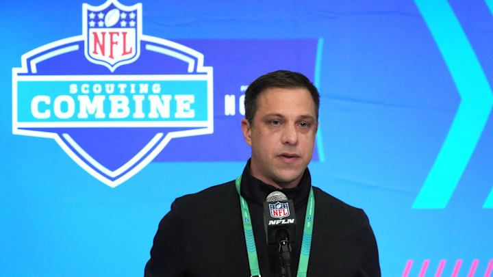 Feb 27, 2024; Indianapolis, IN, USA; Kansas City Chiefs general manager Brett Veach speaks during a press conference at the NFL Scouting Combine at Indiana Convention Center. Mandatory Credit: Kirby Lee-Imagn Images Feb 27, 2024; Indianapolis, IN, USA; Kansas City Chiefs general manager Brett Veach speaks during a press conference at the NFL Scouting Combine at Indiana Convention Center. Mandatory Credit: Kirby Lee-Imagn Images
