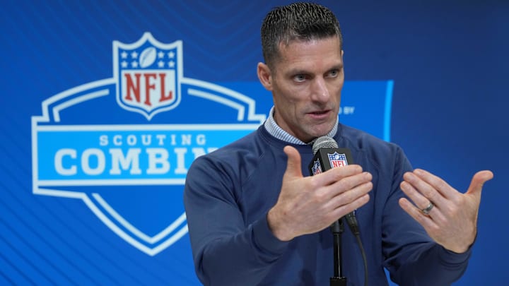 Houston Texans general manager Nick Caserio speaks during the 2025 NFL Scouting Combine at the Indiana Convention Center.