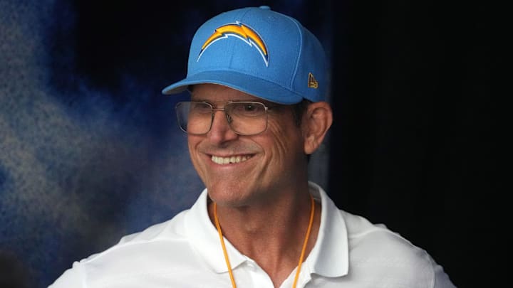Aug 17, 2024; Inglewood, California, USA; Los Angeles Chargers coach Jim Harbaugh reacts against the Los Angeles Rams in the first half at SoFi Stadium. Mandatory Credit: Kirby Lee-Imagn Images