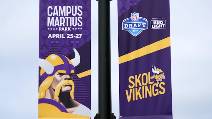 Apr 24, 2024; Detroit, MI, USA; A Minnesota Vikings banner on E. Montcalm St. promoting the 2024 NFL Draft.