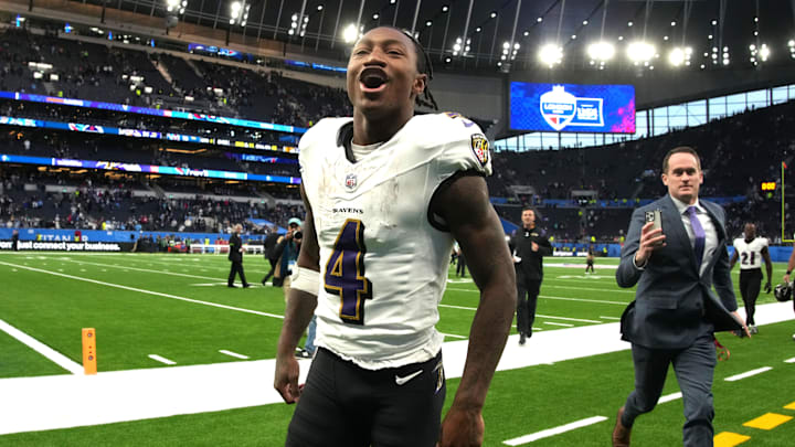 Oct 15, 2023; London, United Kingdom; Baltimore Ravens wide receiver Zay Flowers (4) celebrates after an NFL International Series game against the Tennessee Titans at Tottenham Hotspur Stadium. Mandatory Credit: Kirby Lee-Imagn Images
