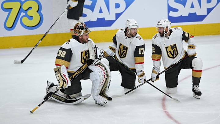 May 14, 2023; Edmonton, Alberta, CAN; Vegas Golden Knights goalie Jonathan Quick (32) along with Golden Knights defenceman Ben Hutton (17) and Golden Knights right winger Michael Amadio (22) are seen out on the ice during the pre game warm up as the Edmonton Oilers take on the Vegas Golden Knights in game six of the second round of the 2023 Stanley Cup Playoffs at Rogers Place. Mandatory Credit: Walter Tychnowicz-Imagn Images May 14, 2023; Edmonton, Alberta, CAN; Vegas Golden Knights goalie Jonathan Quick (32) along with Golden Knights defenceman Ben Hutton (17) and Golden Knights right winger Michael Amadio (22) are seen out on the ice during the pre game warm up as the Edmonton Oilers take on the Vegas Golden Knights in game six of the second round of the 2023 Stanley Cup Playoffs at Rogers Place. Mandatory Credit: Walter Tychnowicz-Imagn Images