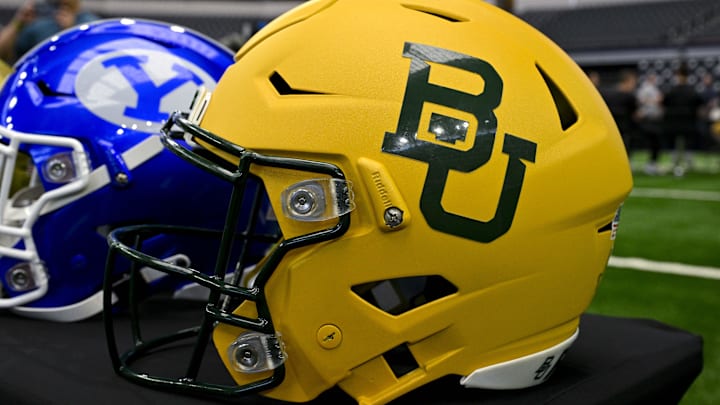 Jul 12, 2023; Arlington, TX, USA; A view of the Baylor Bears helmet and logo during Big 12 football media day at AT&T Stadium. Mandatory Credit: Jerome Miron-Imagn Images