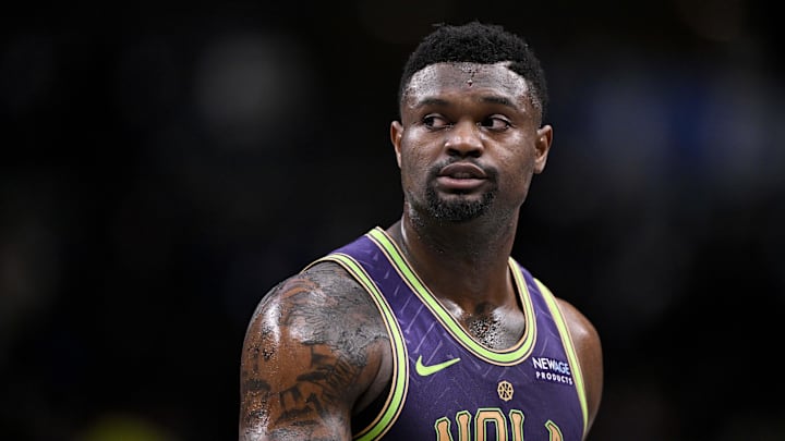 Feb 21, 2025; Dallas, Texas, USA; New Orleans Pelicans forward Zion Williamson (1) looks on during the second quarter against the Dallas Mavericks at the American Airlines Center. Mandatory Credit: Jerome Miron-Imagn Images