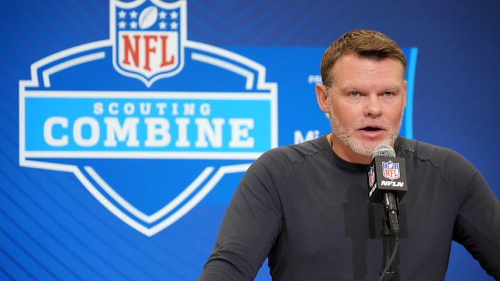 Feb 25, 2025; Indianapolis, IN, USA; Indianapolis Colts general manager Chris Ballard speaks during the NFL Scouting Combine at the Indiana Convention Center. Mandatory Credit: Kirby Lee-Imagn Images
