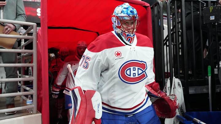 May 29, 2026; Raleigh, North Carolina, USA; Montreal Canadiens goaltender Jakub Dobes (75) walks to the ice for warmups before game five of the Eastern Conference Final of the 2026 Stanley Cup Playoffs against the Carolina Hurricanes at Lenovo Center. Mandatory Credit: James Guillory-Imagn Images