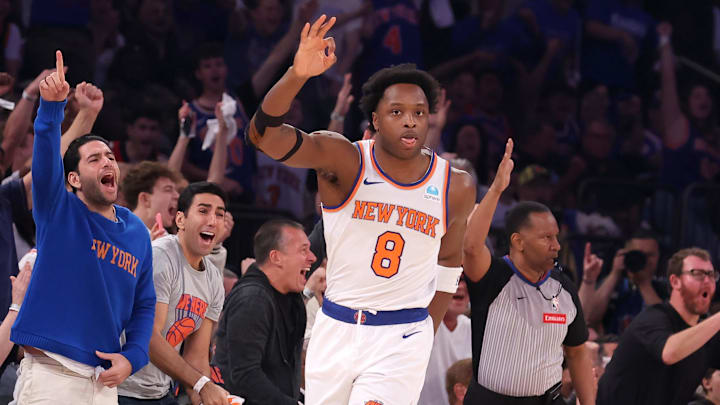May 19, 2024; New York, New York, USA; New York Knicks forward OG Anunoby (8) celebrates his three point shot against the Indiana Pacers during the first quarter of game seven of the second round of the 2024 NBA playoffs at Madison Square Garden. Mandatory Credit: Brad Penner-USA TODAY Sports May 19, 2024; New York, New York, USA; New York Knicks forward OG Anunoby (8) celebrates his three point shot against the Indiana Pacers during the first quarter of game seven of the second round of the 2024 NBA playoffs at Madison Square Garden. Mandatory Credit: Brad Penner-USA TODAY Sports