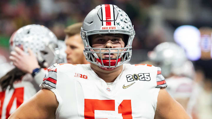 Jan 20, 2025; Atlanta, GA, USA; Ohio State Buckeyes offensive lineman Luke Montgomery (51) against the Notre Dame Fighting Irish during the CFP National Championship college football game at Mercedes-Benz Stadium. Mandatory Credit: Mark J. Rebilas-Imagn Images